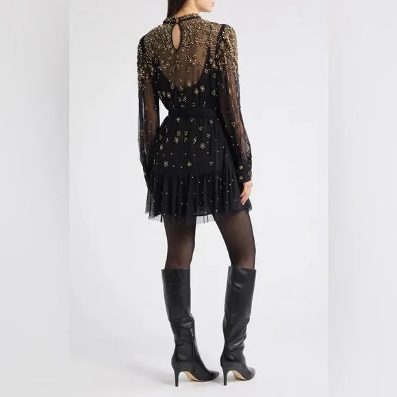 FARM RIO Black Embroidered Tulle Overlay Belted Long Sleeve Mini Dress,Small,398 - Picture 12 of 16